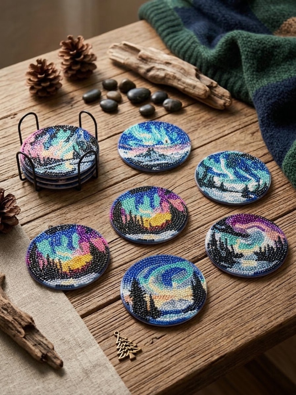 Handmade Northern Lights Beaded Coaster Set of 8 - Multicolor